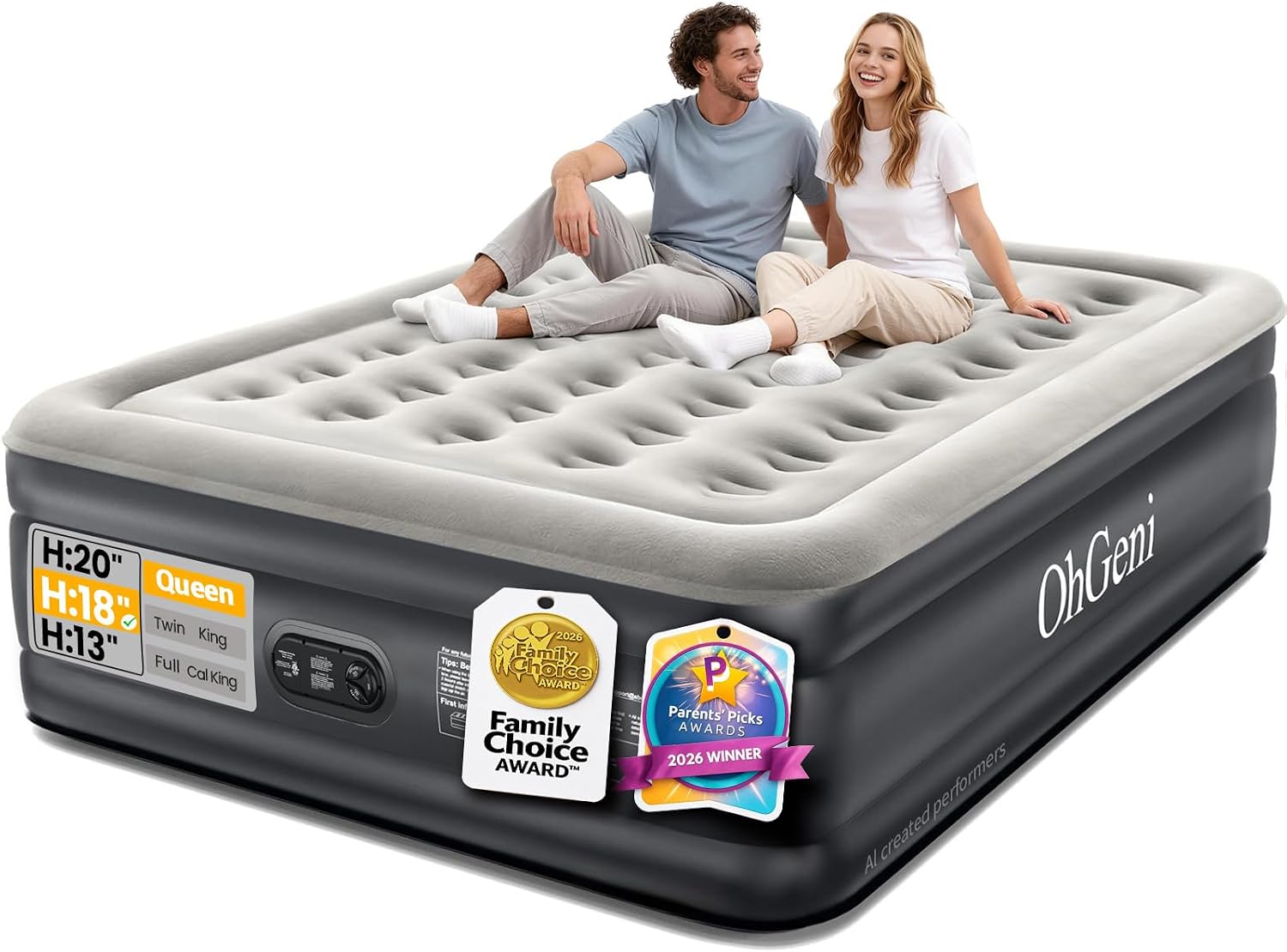 OhGeni Air Mattress Queen with Built in Pump, 18" Raised Inflatable Blow Up Mattress, Upgraded Surface Portable Bed for Home, Camping, Colchone Inflable, Ideal Sleep Solution for Guests