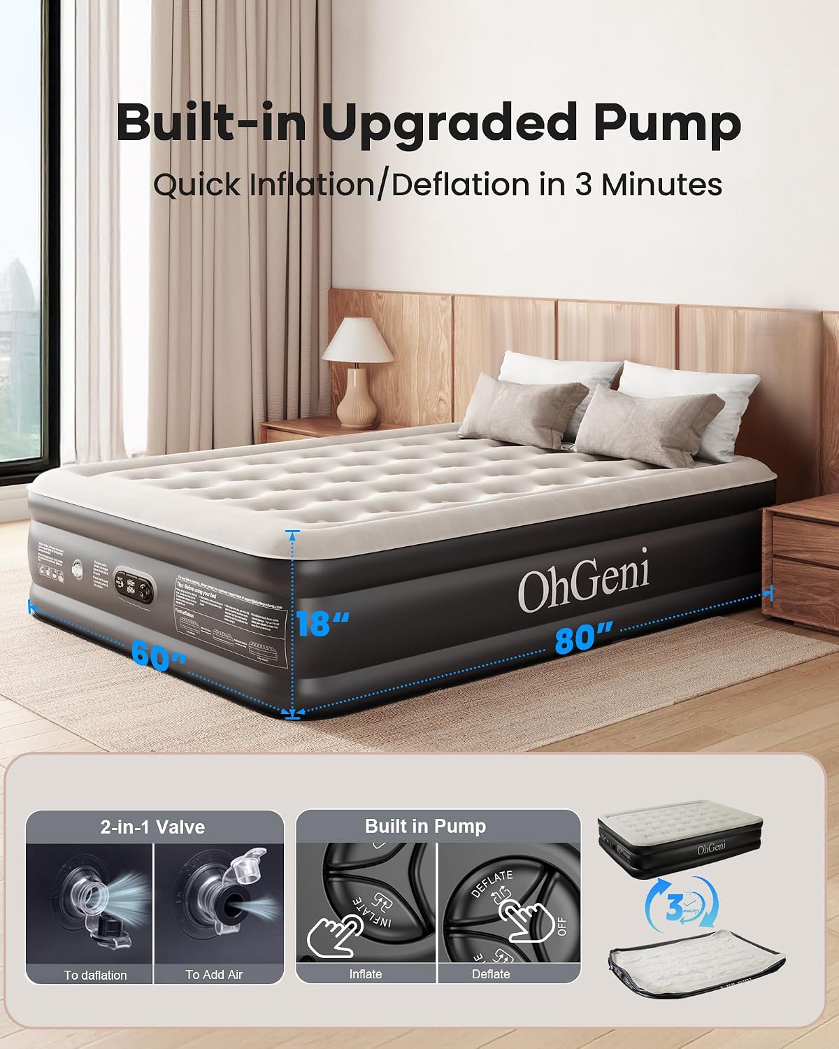 OhGeni Air Mattress Queen with Built in Pump, 18" Raised Inflatable Blow Up Mattress, Upgraded Surface Portable Bed for Home, Camping, Colchone Inflable, Ideal Sleep Solution for Guests - Image 8