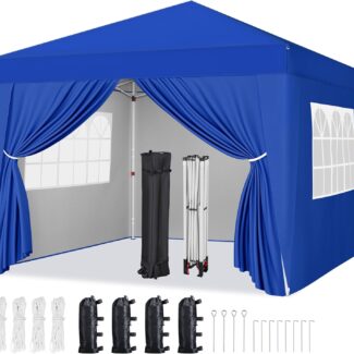 Yaheetech 10x10 Pop Up Canopy with 4 Removable Sidewalls, Portable Enclosed Instant Tent, Waterproof Outdoor Tent, Beach Sun Shelter with 4 Sandbags, 12 Stakes & 4 Ropes, Blue