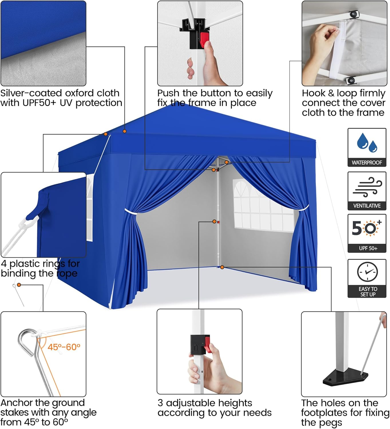 Yaheetech 10x10 Pop Up Canopy with 4 Removable Sidewalls, Portable Enclosed Instant Tent, Waterproof Outdoor Tent, Beach Sun Shelter with 4 Sandbags, 12 Stakes & 4 Ropes, Blue - Image 3