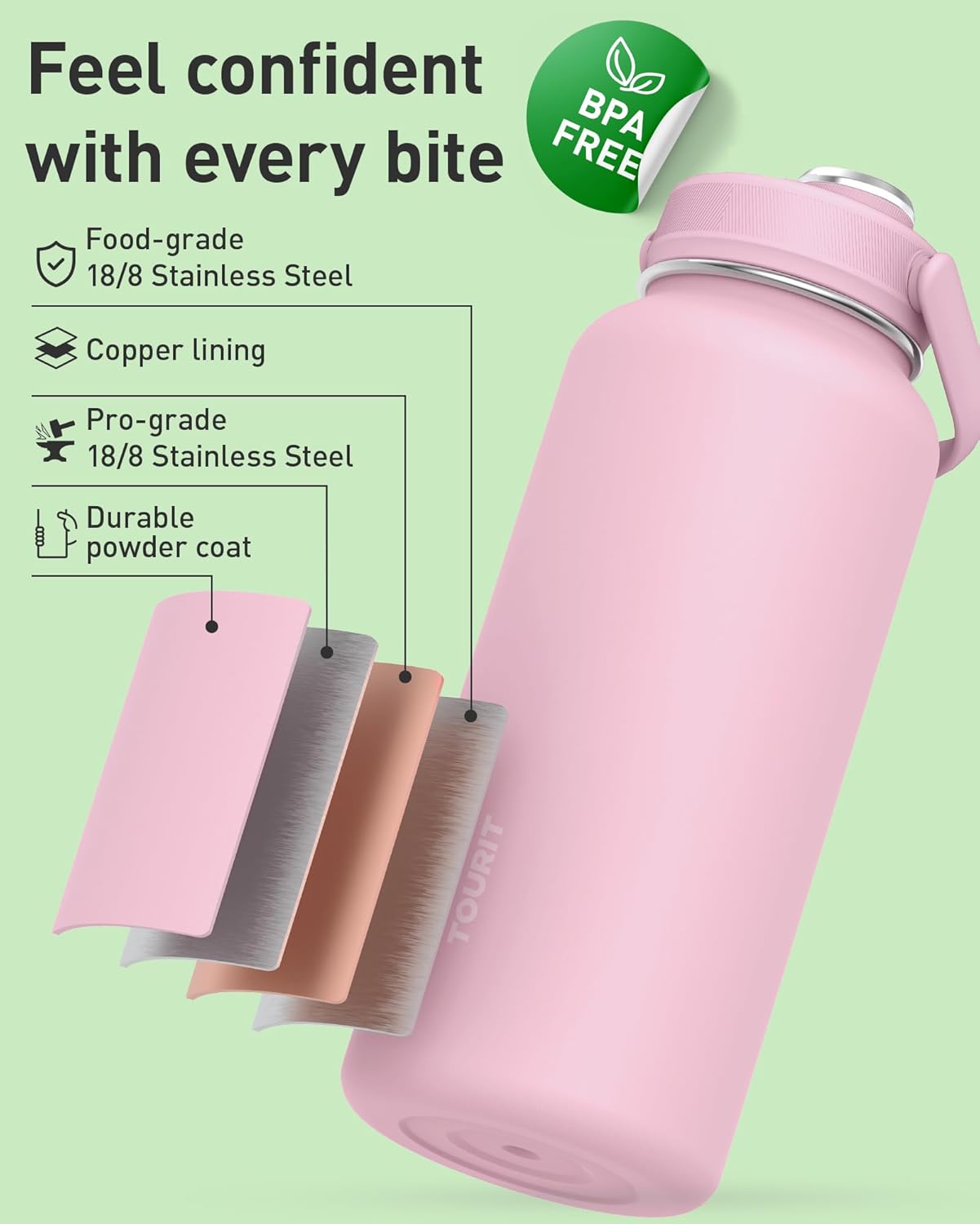 TOURIT 32 oz Insulated Water Bottle, Stainless Steel Sports Water Bottles With Top Handle, Double-Wall Travel Thermal Water Flask, BPA Free Leakproof Water Bottle for Sports and Travel (Obsidian) - Image 2