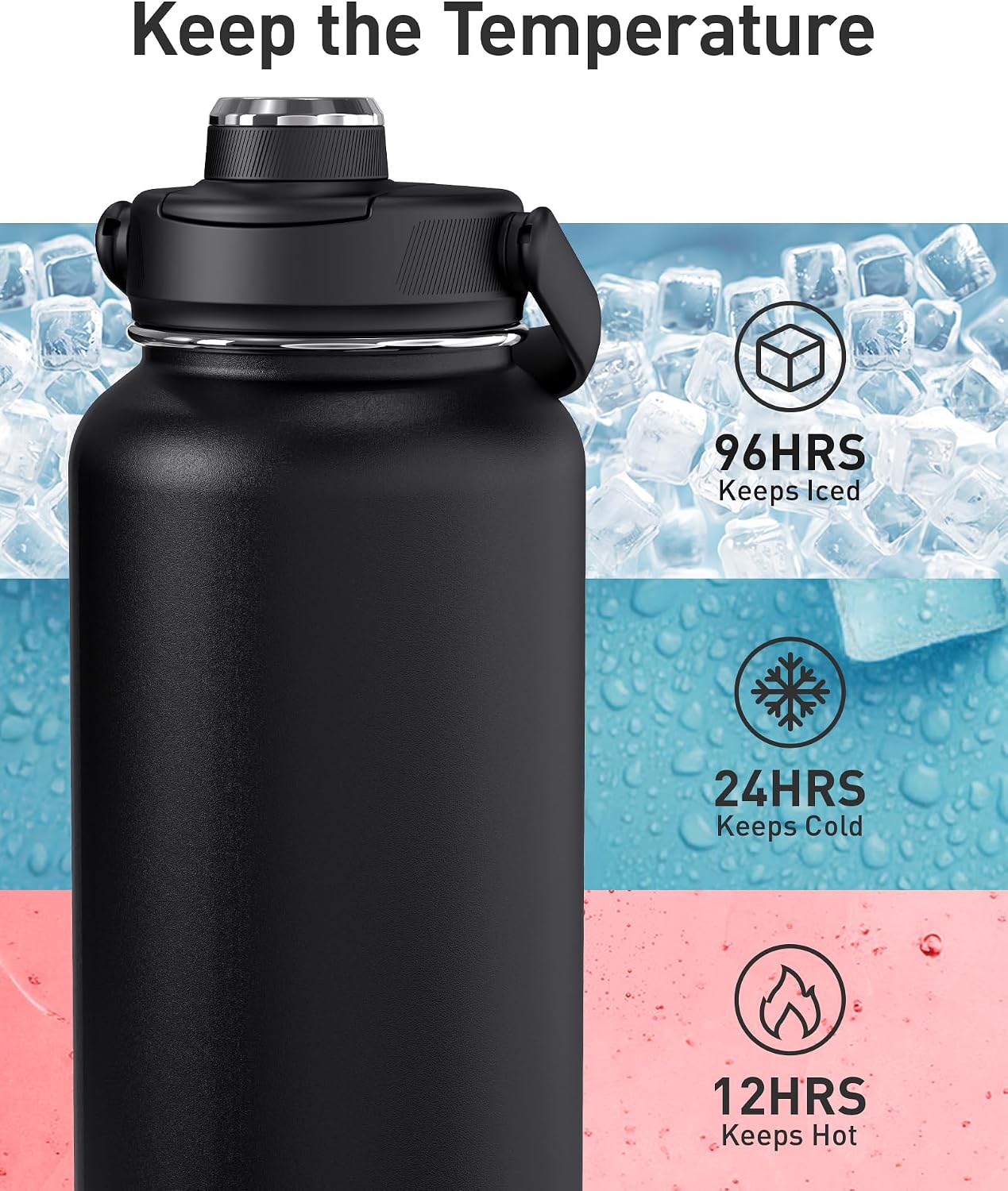 TOURIT 32 oz Insulated Water Bottle, Stainless Steel Sports Water Bottles With Top Handle, Double-Wall Travel Thermal Water Flask, BPA Free Leakproof Water Bottle for Sports and Travel (Obsidian) - Image 3