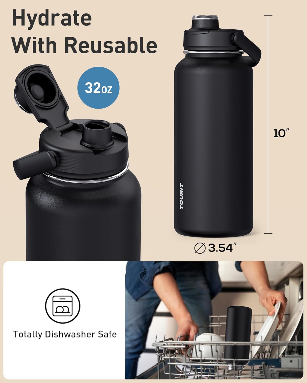TOURIT 32 oz Insulated Water Bottle, Stainless Steel Sports Water Bottles With Top Handle, Double-Wall Travel Thermal Water Flask, BPA Free Leakproof Water Bottle for Sports and Travel (Obsidian) - Image 6